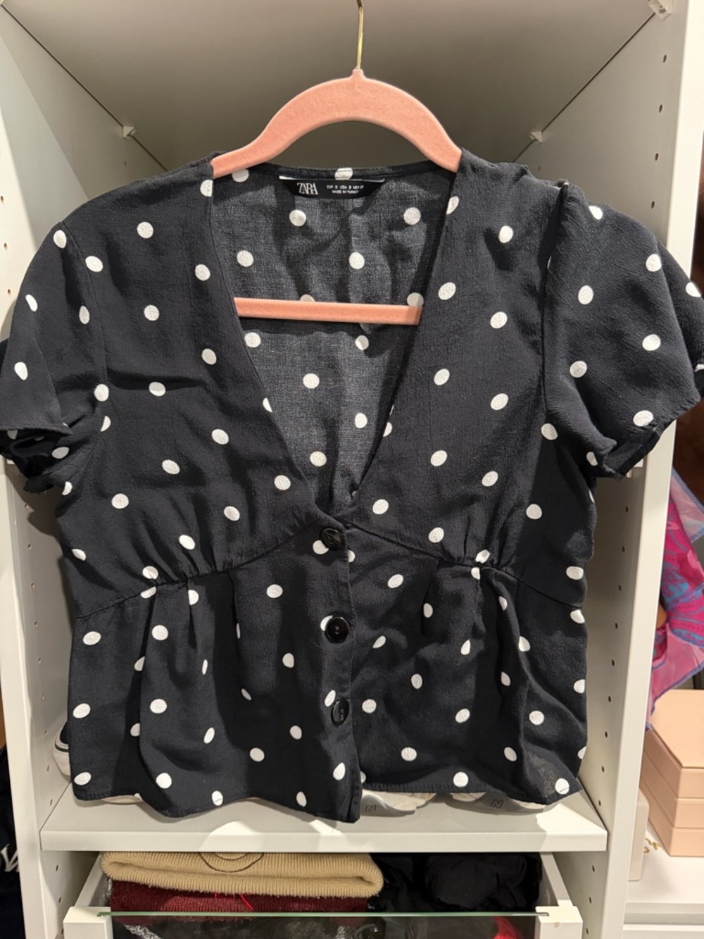 Zara Black and White Polka Dot Button-Front Blouse